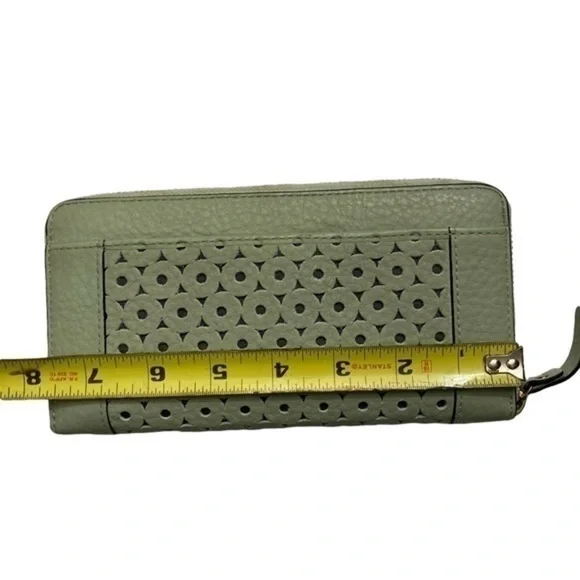 Kate spade green perforate eyelet lace leather zipper clutch wallet